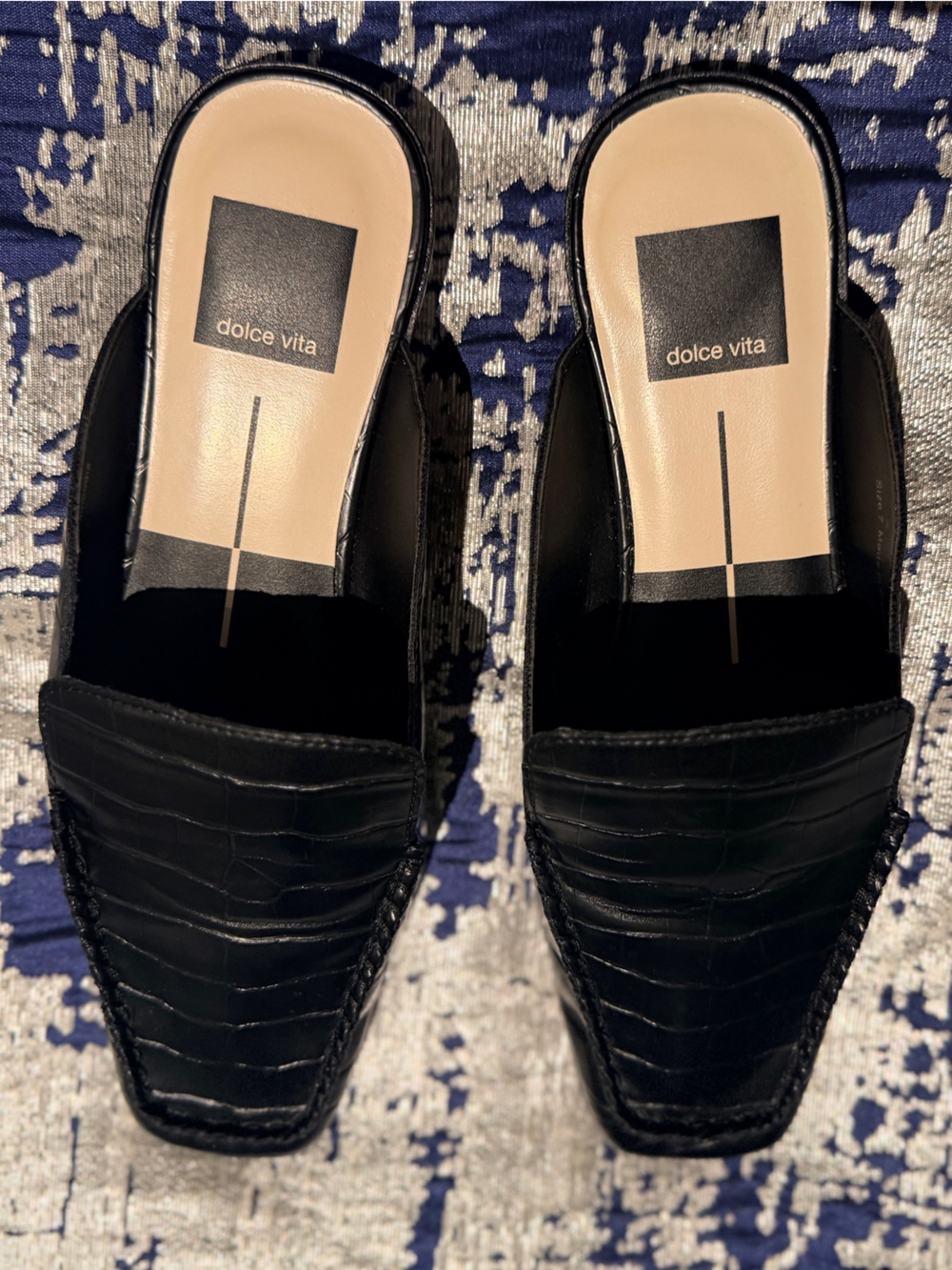 Dolce Vita Black Croc-Embossed Square-Toe Slip Mules